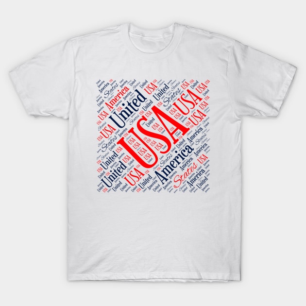 USA Patriotic Red White and Blue Word Art T-Shirt by hobrath